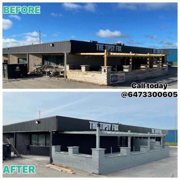 Before and after photos of an outdoor bar with a wooden fence update.