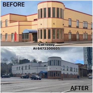Building makeover showcasing before and after exterior paint and trim changes.