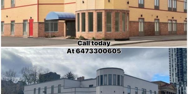Two photos of buildings with a contact number in between.