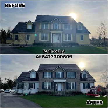 Before and after house exterior transformation with stone facade.