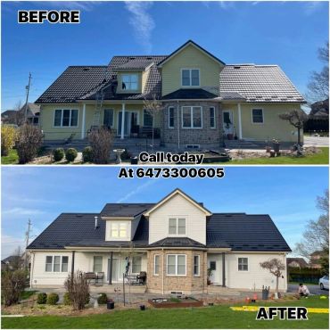 Before and after exterior home renovation.