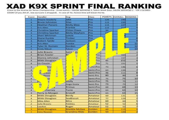 Ranking chart for XAD K9X Sprint with handlers, dogs, classes, points, and overall rankings.