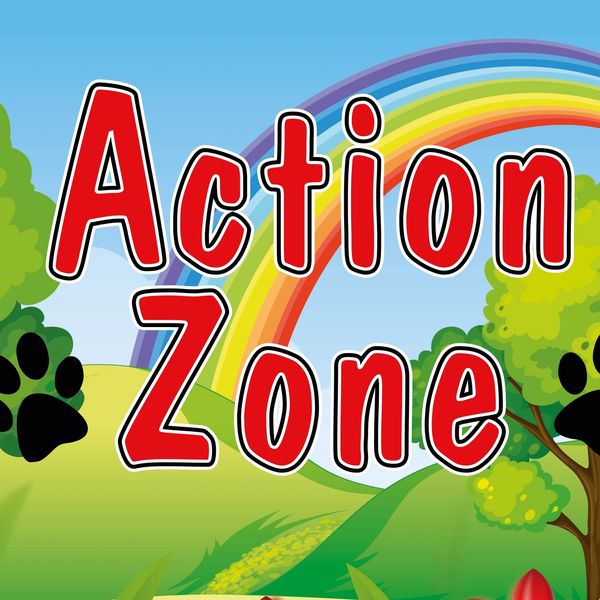 Bright cartoon sign reading 'Action Zone' with a rainbow and trees.