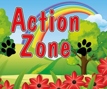 Colorful Action Zone sign with rainbow and flowers.