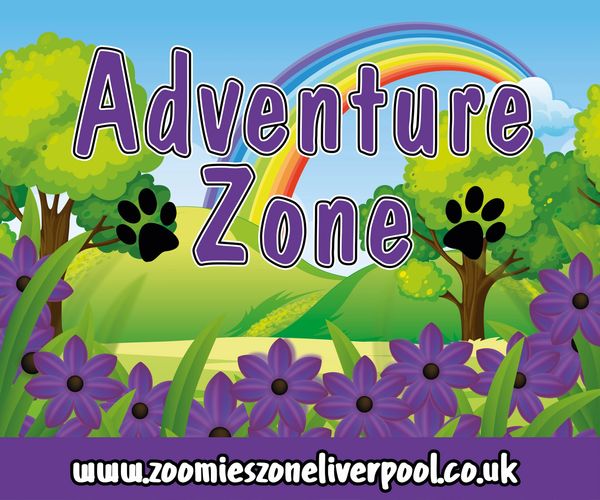 Colorful Adventure Zone sign with flowers and a rainbow.