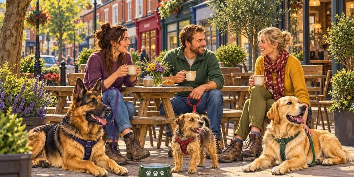 Three friends with dogs enjoying coffee outdoors.