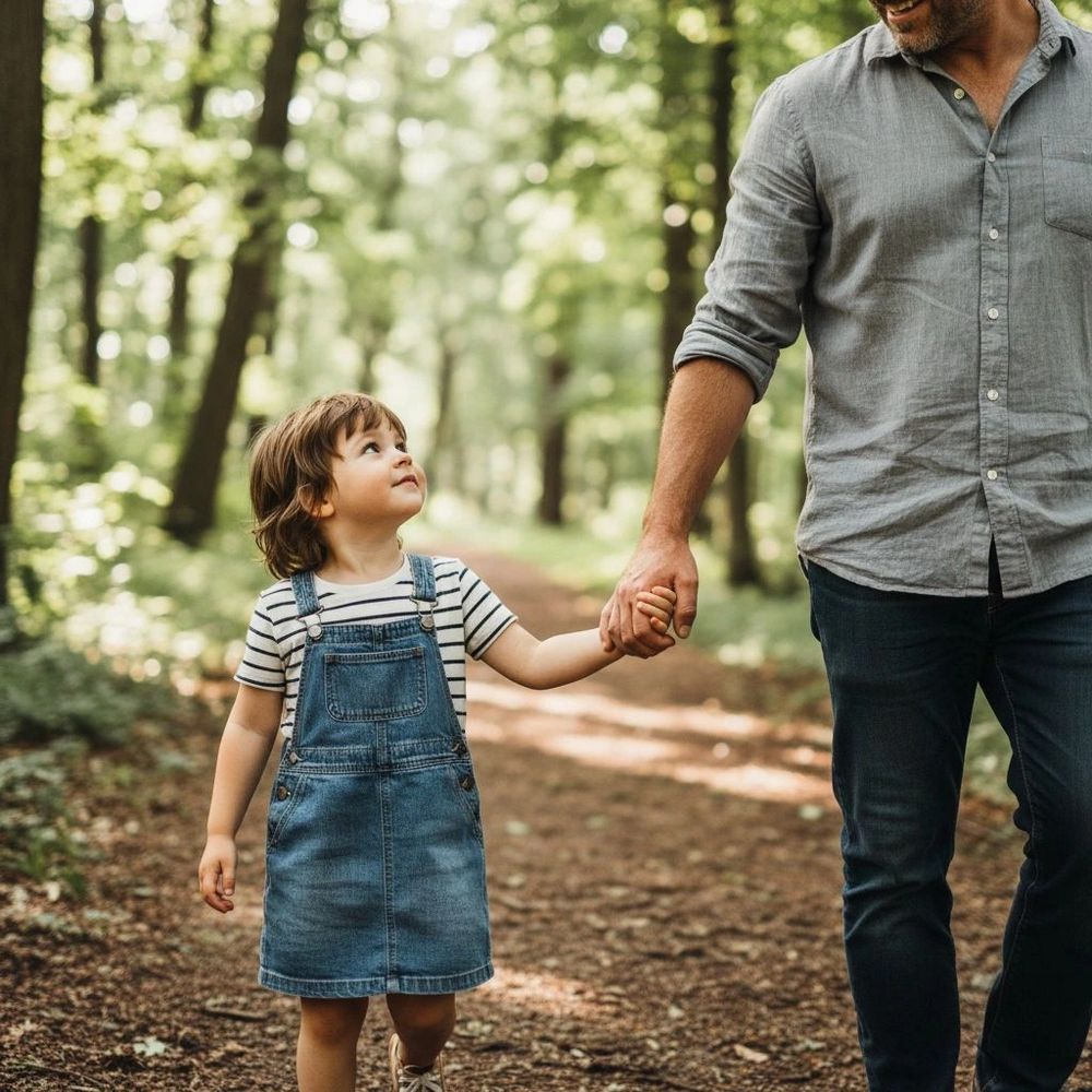 A young child holding hands with an adult in a forest path.