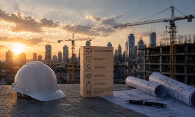Construction site with safety helmet and blueprints at sunset.
