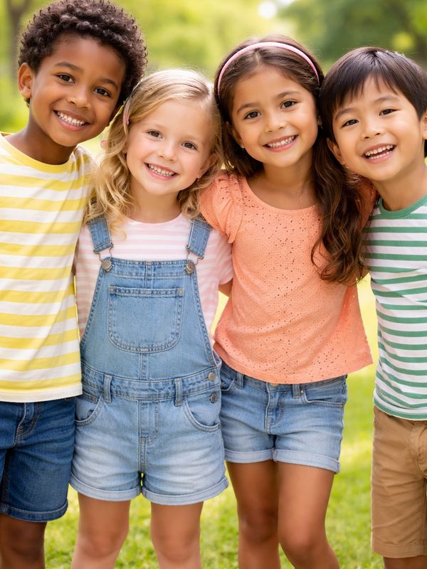 Four diverse children smiling together outdoors on a sunny day.