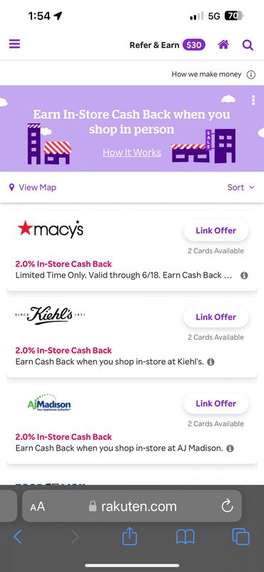 Rakuten (Ebates) In-Store Cashback dining and retail offers designed and developed by Todd Herrold.