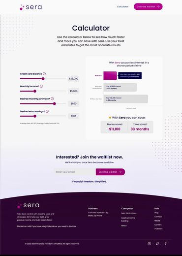 Debt Reduction Calculator IPD built for Sera, a financial wellness app