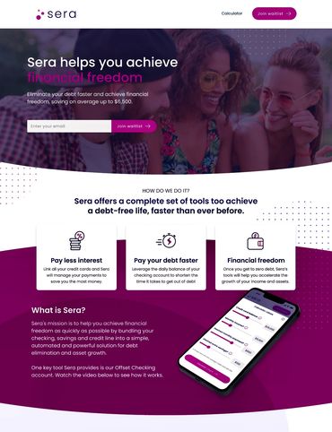 Desktop landing page IPD designed and developed for Sera, a financial wellness app