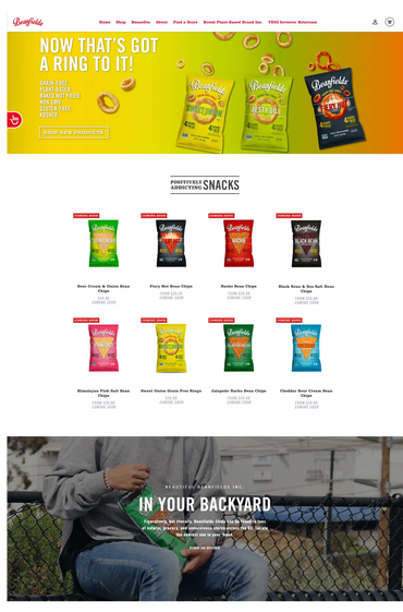 Beanfields all natural, plant-based and gluten-free bean chips desktop ecommerce website.