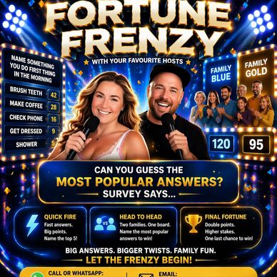 Game show Fortune Frenzy with hosts and two competing families.