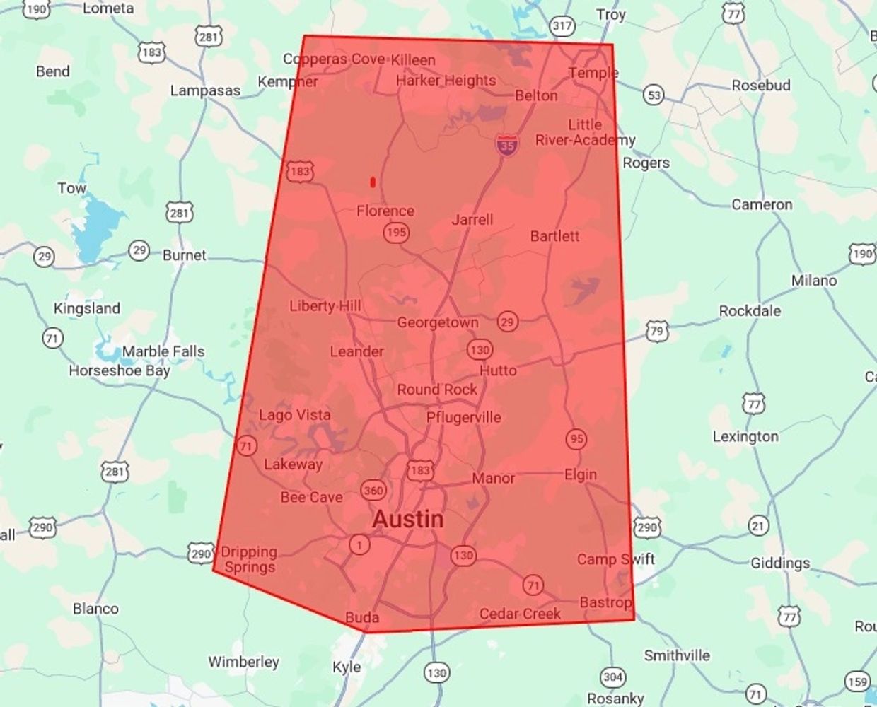 Map highlighting the Austin area and surrounding cities in Texas.