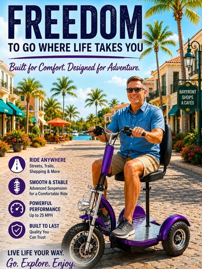 Man rides a purple three-wheeled scooter in a sunny palm-lined street.