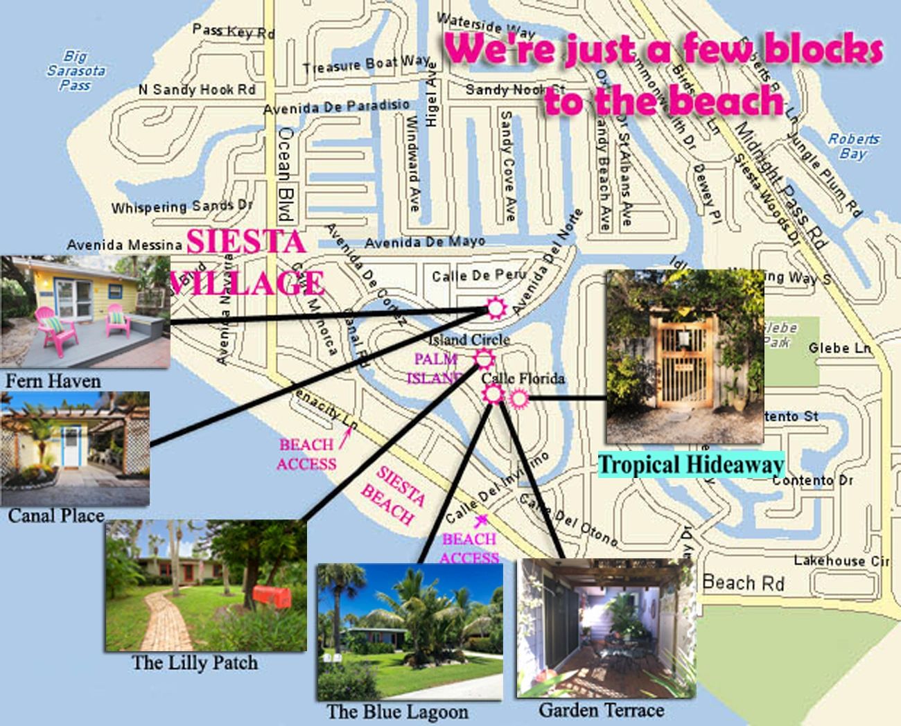 A map of Siesta Key with all of the Siesta Bungalows starred