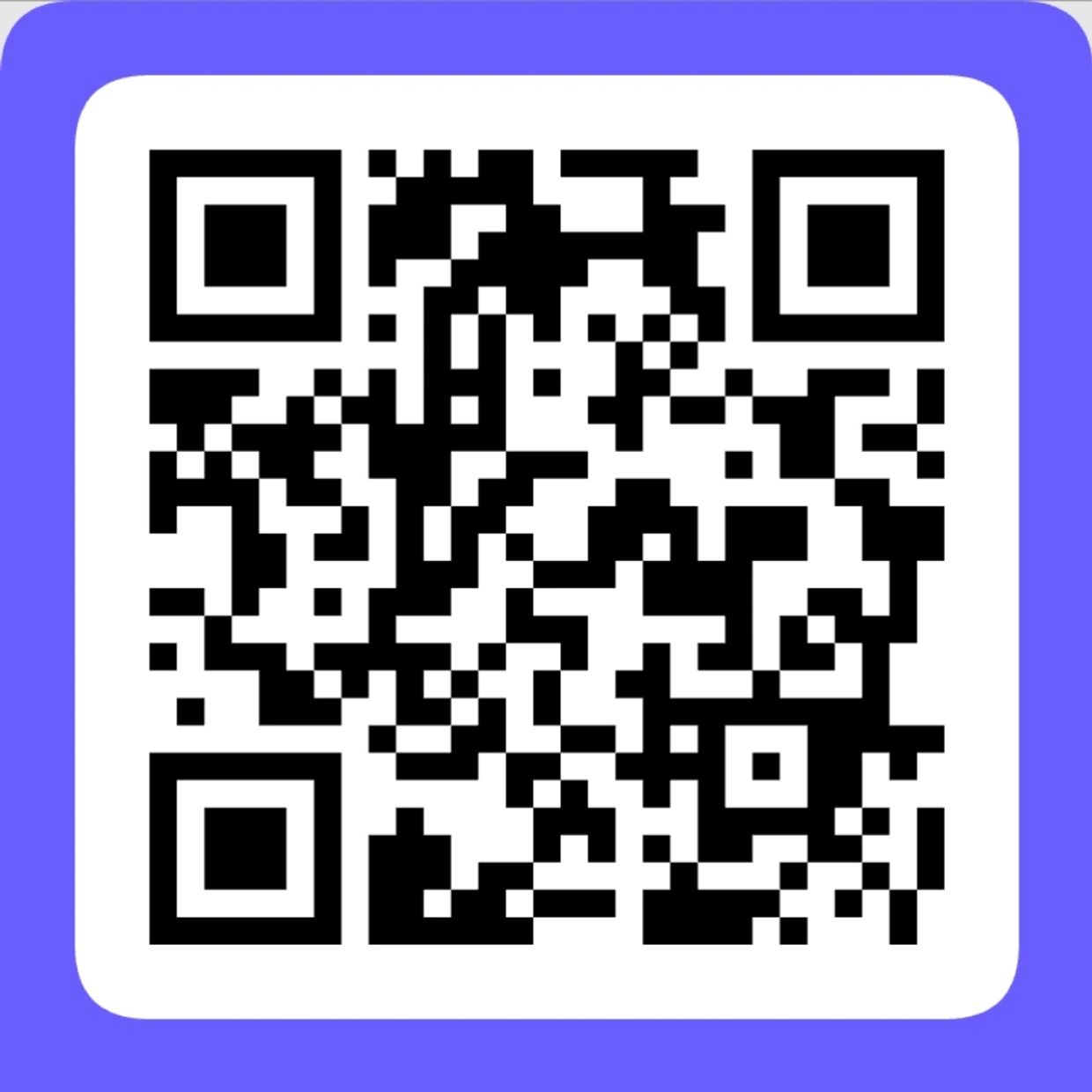 A black and white QR code with a purple border to take you to the donation page