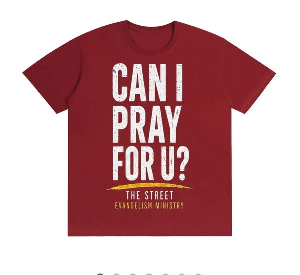 Red T-shirt with the phrase 'CAN I PRAY FOR U?'.