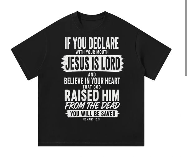 Black t-shirt with Christian message in bold white text.