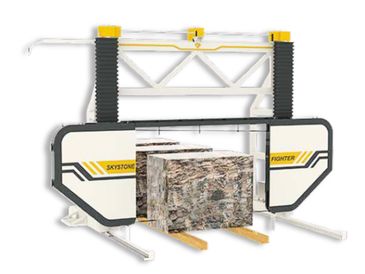 Industrial machine labeled Skylone Fighter handling a large block.