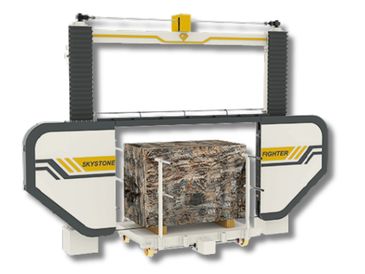 Industrial machine wrapping a pallet with protective film.