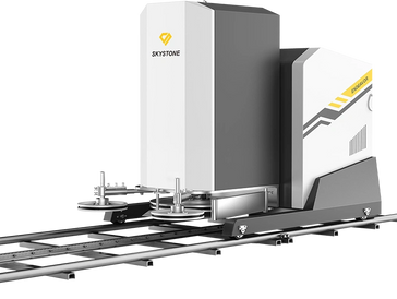 Modern industrial machine labeled Skystone on rails.