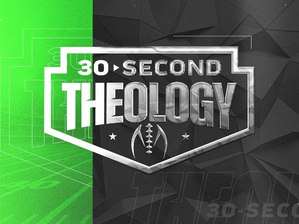 Logo reading '30 Second Theology' with a football icon on a split green and black background.