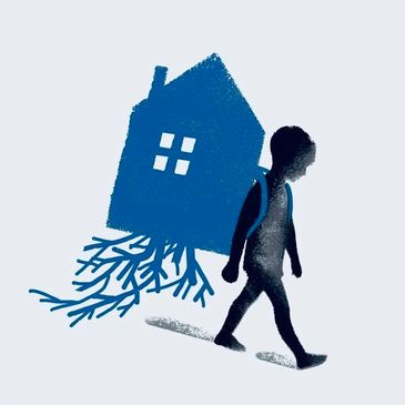 Child carrying a house with roots as a backpack.