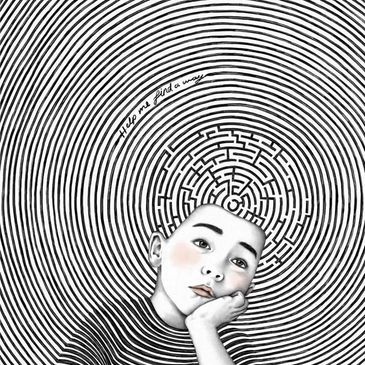Illustration of a boy with a maze in his head and text asking for help.