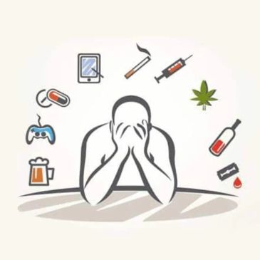 Person overwhelmed by addictive substances and habits.