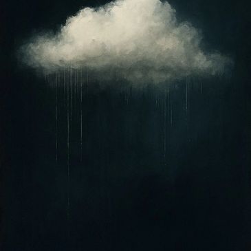 A white cloud gently raining on a dark background.