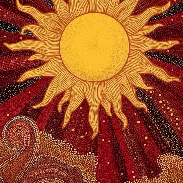 Artistic image of a glowing sun with swirling patterns.
