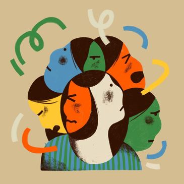 Abstract illustration of multiple faces in different colors and expressions.