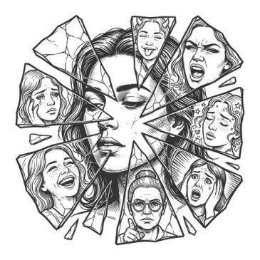 A shattered mirror with various emotional expressions reflected.