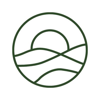 Minimalist circular landscape with a sun and hills.