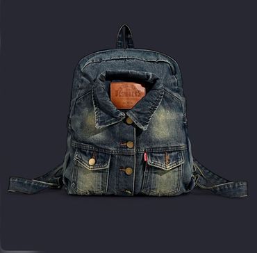 Denim backpack designed like a jacket with buttons and pockets.