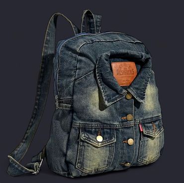 Denim backpack designed to look like a classic jean jacket.