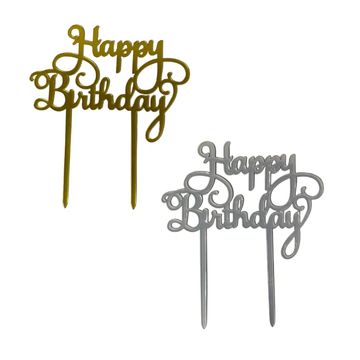 Happy birthday cake toppers in gold and silver