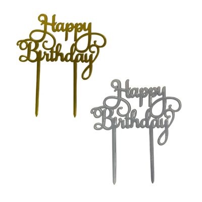 Two Happy birthday cake toppers in silver and gold