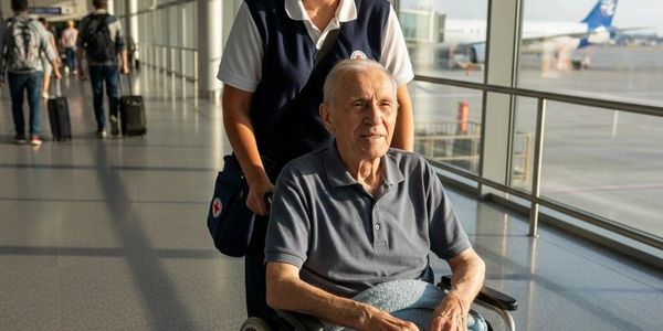A caregiver pushes an elderly man in a wheelchair at an airport terminal.