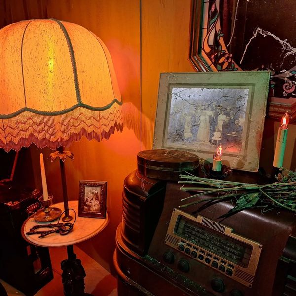 Vintage lamp and old radio setup with antique photos and dried plants.