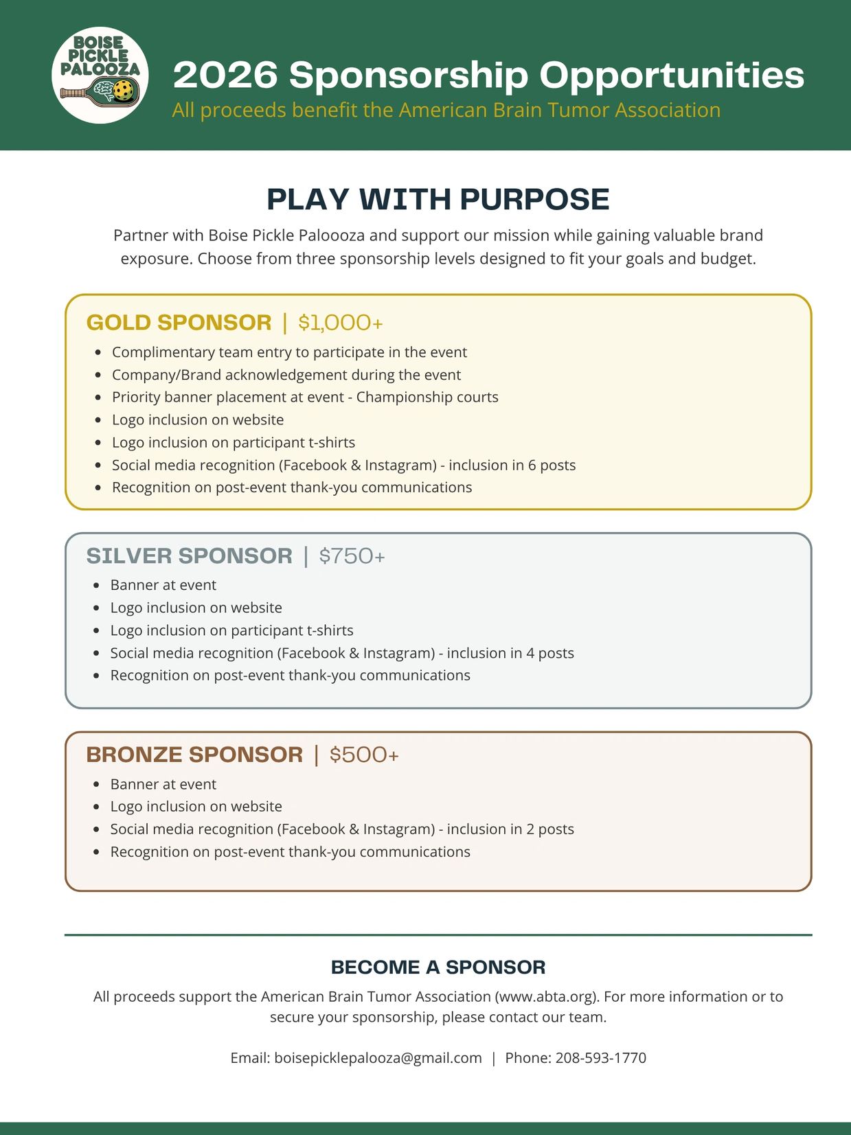 2026 Boise Pickle Palooza sponsorship opportunities benefiting the American Brain Tumor Association.