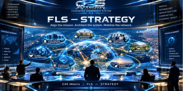 Futuristic strategy room with interconnected global network visuals.
