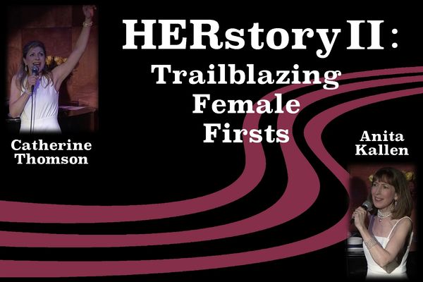 Two women speaking on stage in a presentation titled HERstory II: Trailblazing Female Firsts.