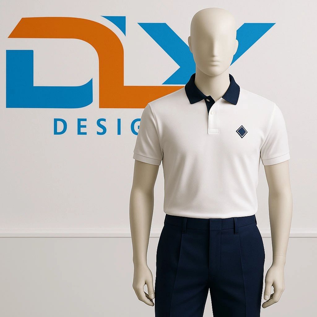 Mannequin dressed in a white polo shirt with navy collar and navy pants.
