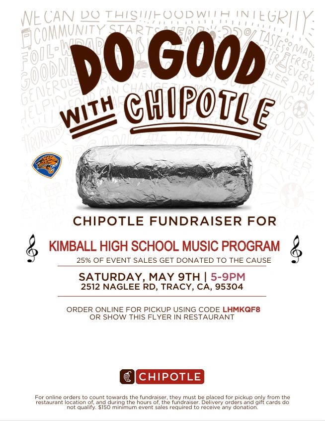 Chipotle fundraiser for Kimball High School music program on May 9th, 5-9PM.