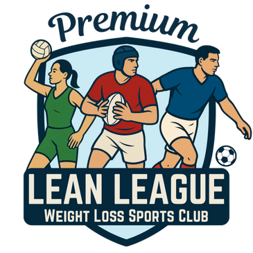 Logo of Premium Lean League Weight Loss Sports Club with three athletes.