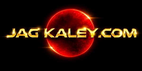 Golden text JAG KALEY.COM with a glowing red planet in the background.