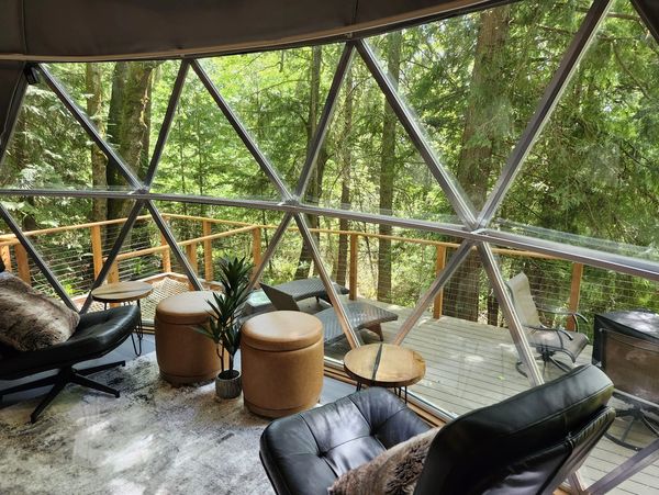 Cozy dome-shaped cabin interior with forest views and comfortable seating.